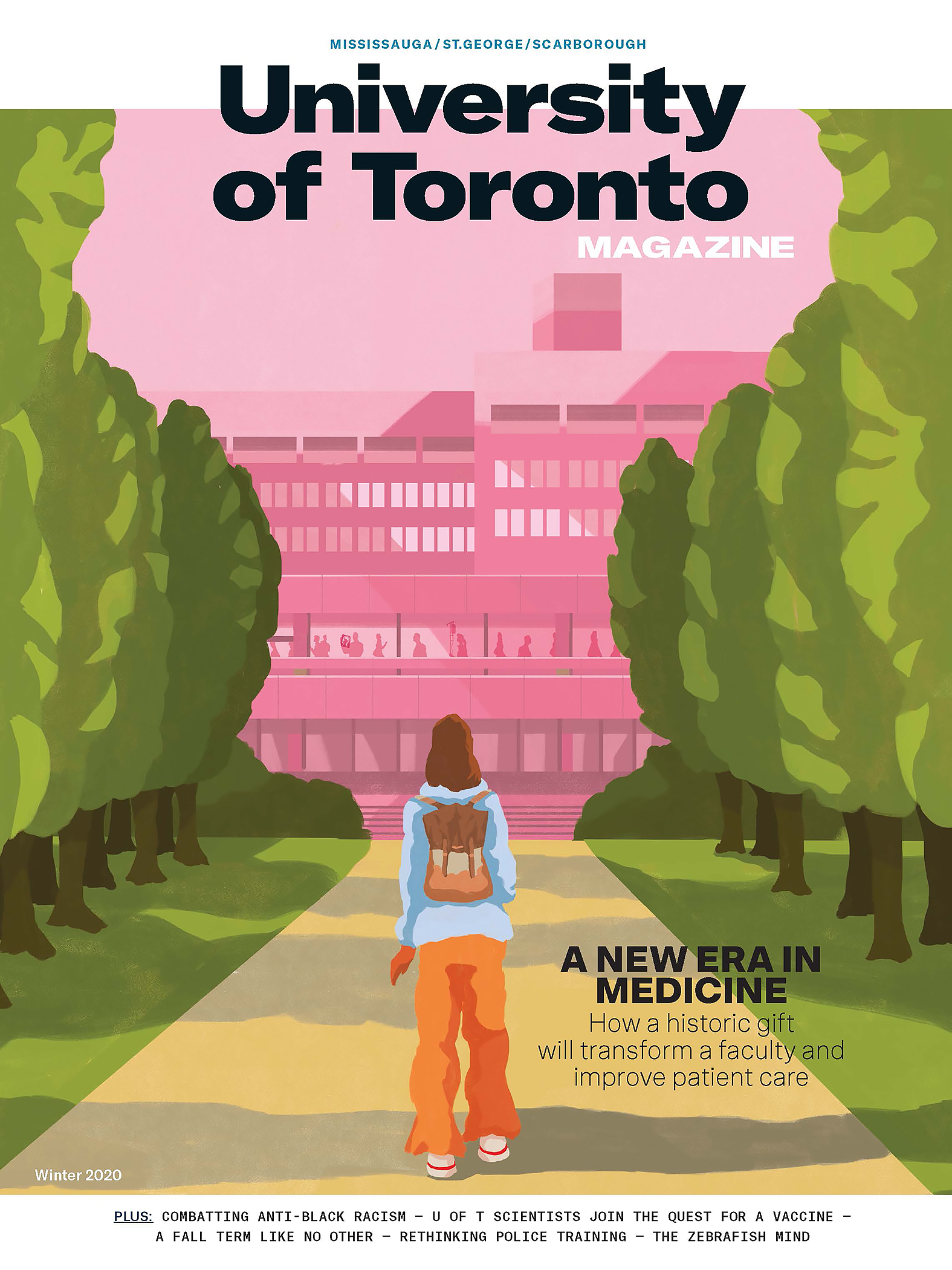 Cover of Winter 2020 issue of University of Toronto Magazine with illustration of a student walking up a tree-lined path toward a university building