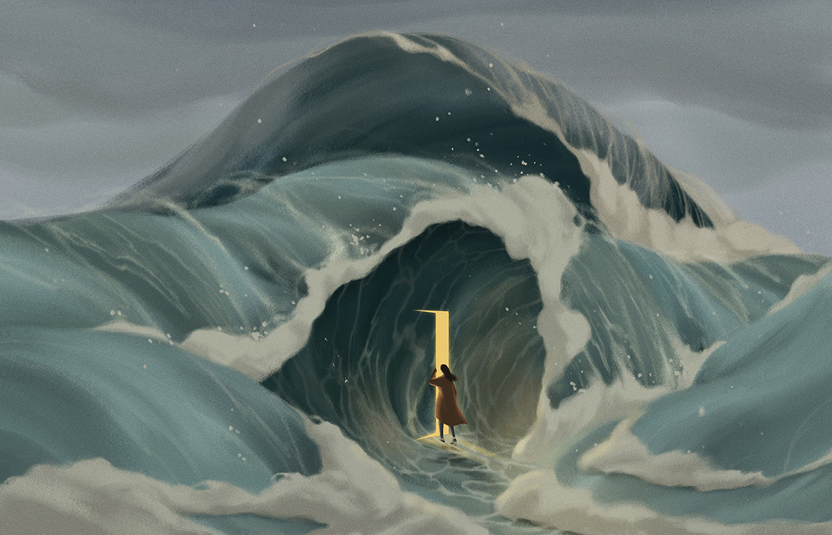 Illustration of a woman opening a door inside a gigantic ocean wave under grey skies