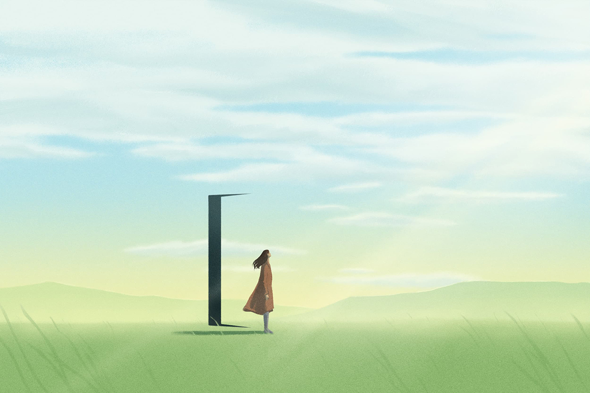 Illustration of a woman standing in a grassy, sunlit field in front of slightly open door