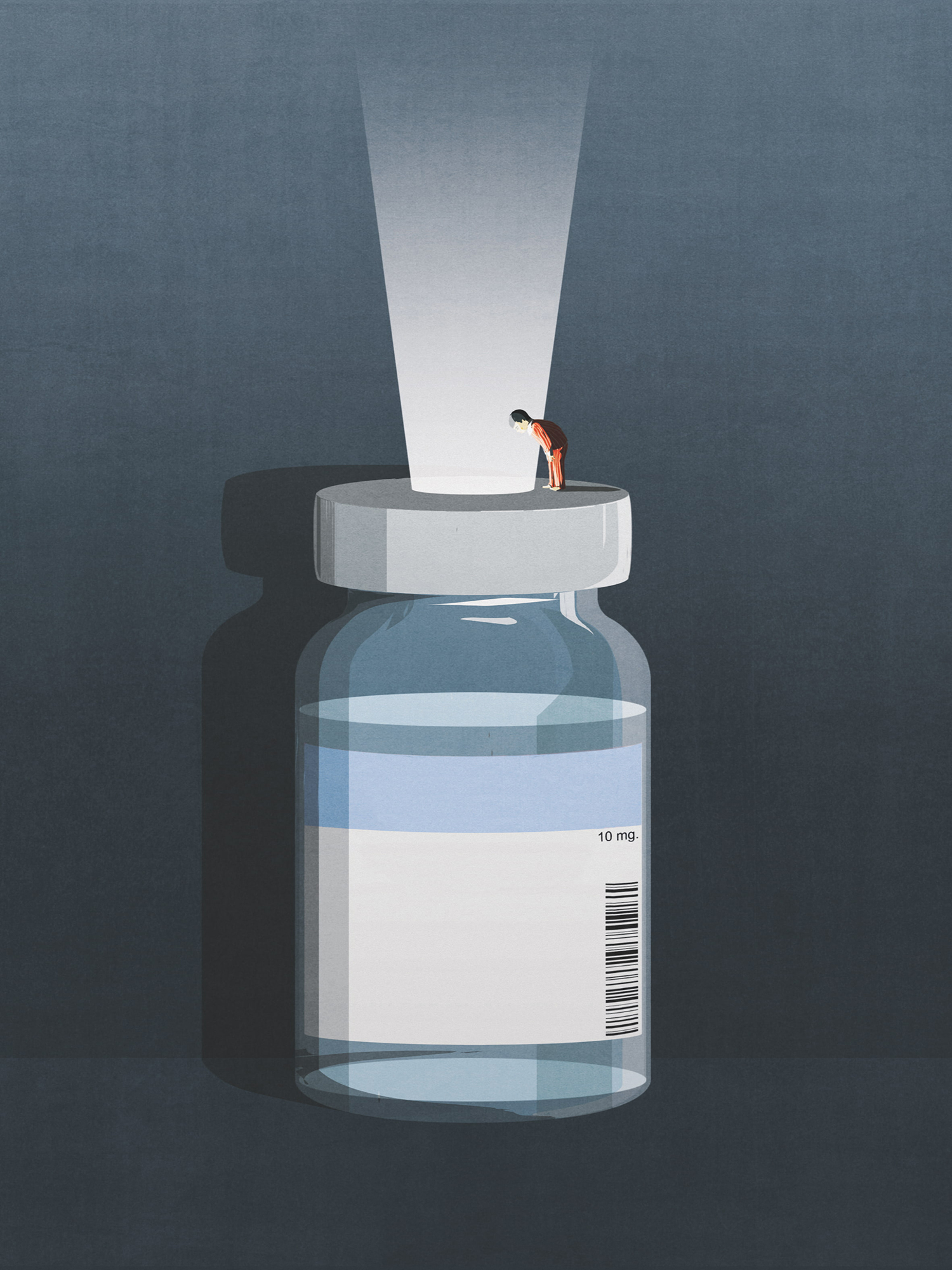 Illustration of a giant vial of insulin and a tiny figure standing on the cap looking down a hole in the centre, through which shines a light