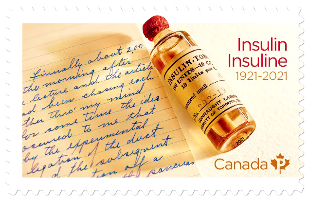 Canada Post decorative stamp with a handwritten letter, a small vial of insulin and "Insulin Insuline 1921-2021" on the top right