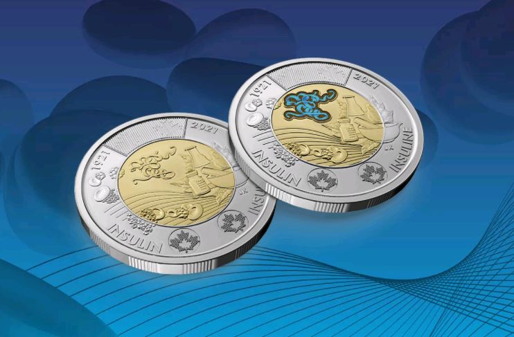 The "heads" and "tails" sides of a special two-dollar coin to commemorate the 100th anniversary of insulin