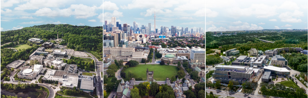 Aerial shots of the U of T Scarborough (left), St. George and Mississauga (right) campuses