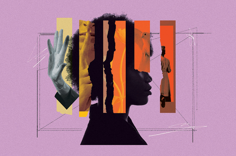 Collage of a profile image of a Black person superimposed with images of a hand in a stop motion, a white person holding an index finger over her lips, a white dove, and the back of a woman as she enters a doorway