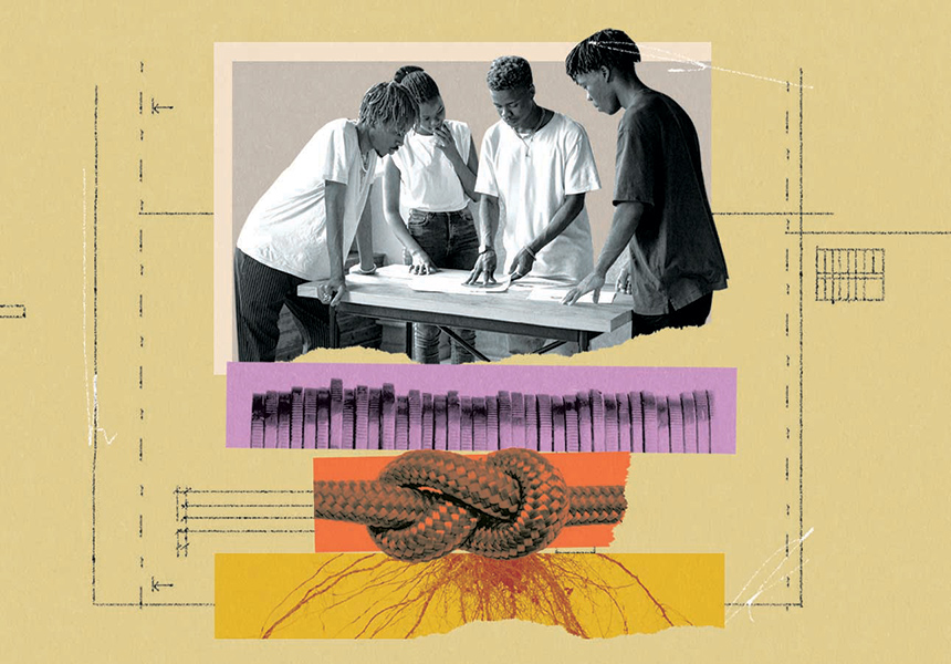Collage with an image of a group of Black students collaborating on a project at the top, an image of a stack of coins on its side underneath, followed by an image of a knotted rope, and red coloured veins or branches spreading out like roots at the bottom