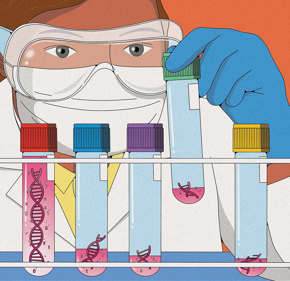 Researcher in safety goggles and a lab coat examining one of five test tubes with different coloured lids, four of them containing DNA fragments suspended in liquid and the fifth containing a longer DNA chain
