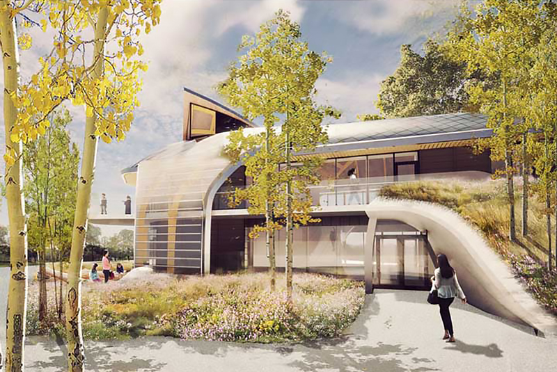 Artist rendering of the exterior of U of T Scarborough's Indigenous House surrounded by grasses, shrubs, flowers and trees
