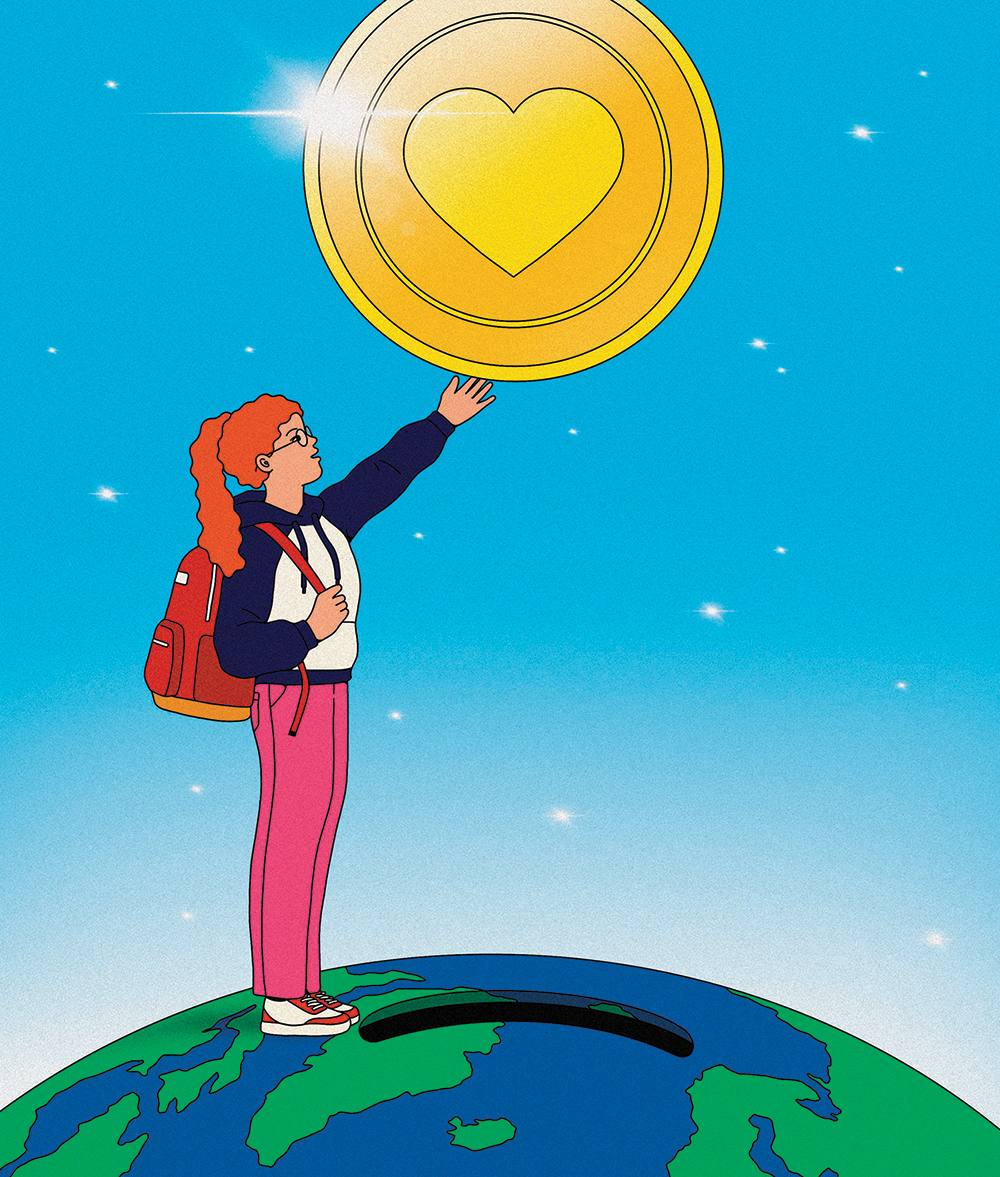 A student wearing a backpack, standing on a large planet Earth coin bank, reaching a hand out toward a large gold coin with a heart in the centre
