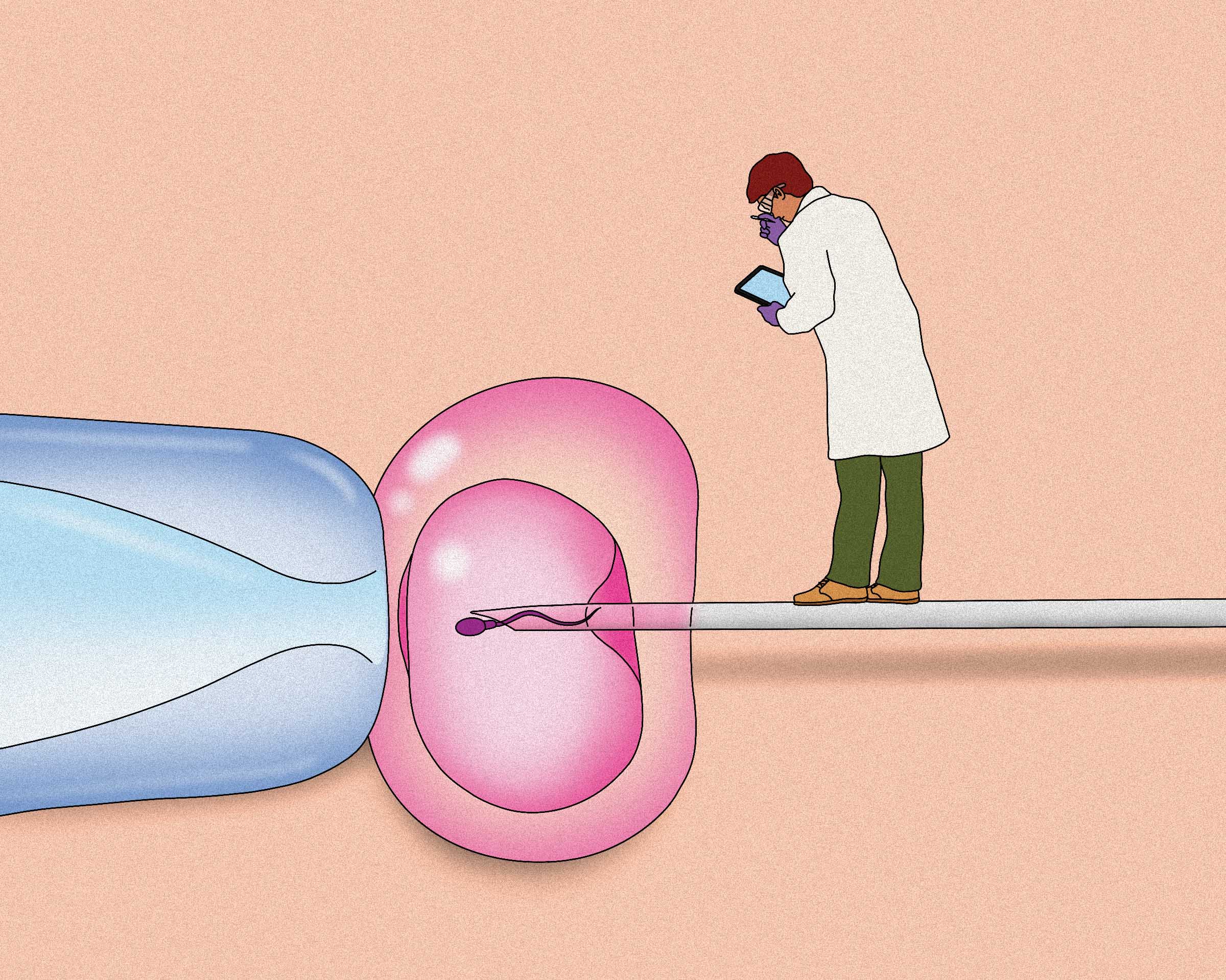 A scientist looking at a tablet and standing on a giant needle that is inserting a sperm into an egg