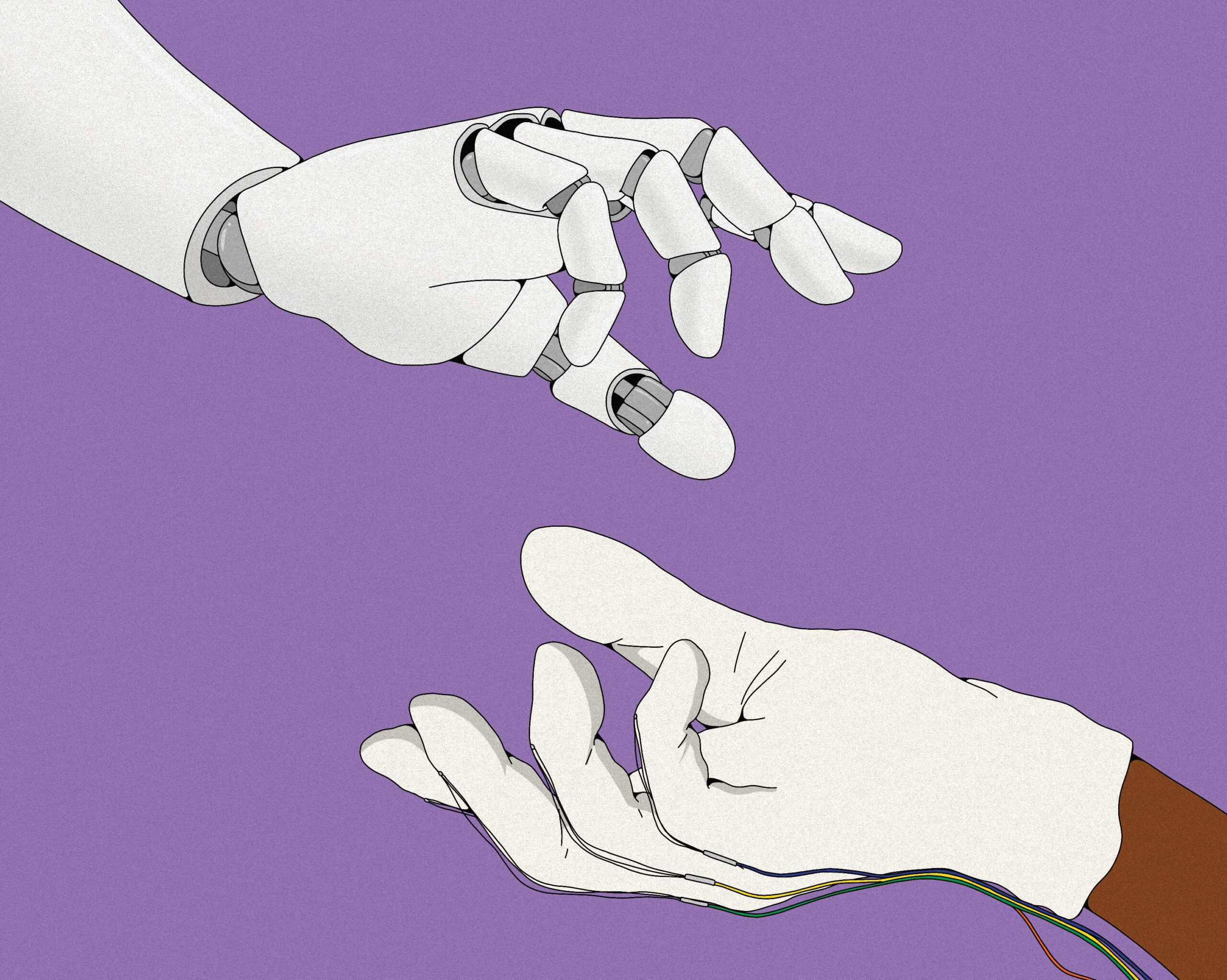A white robot hand reaching from the top left toward a white-gloved human hand held palm-up on the bottom right