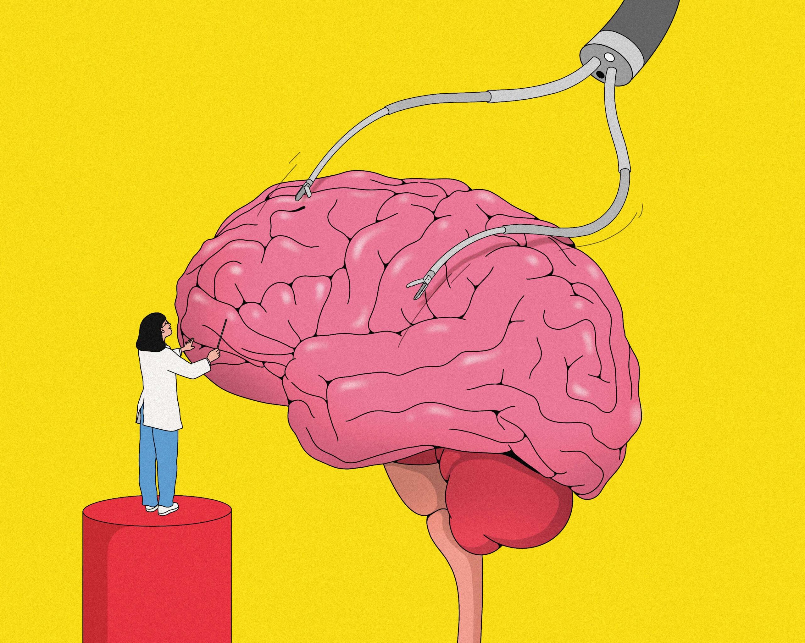 A small scientist on the left examining a huge brain in the centre, and a gripper robot hanging down from the top right is operating on the brain