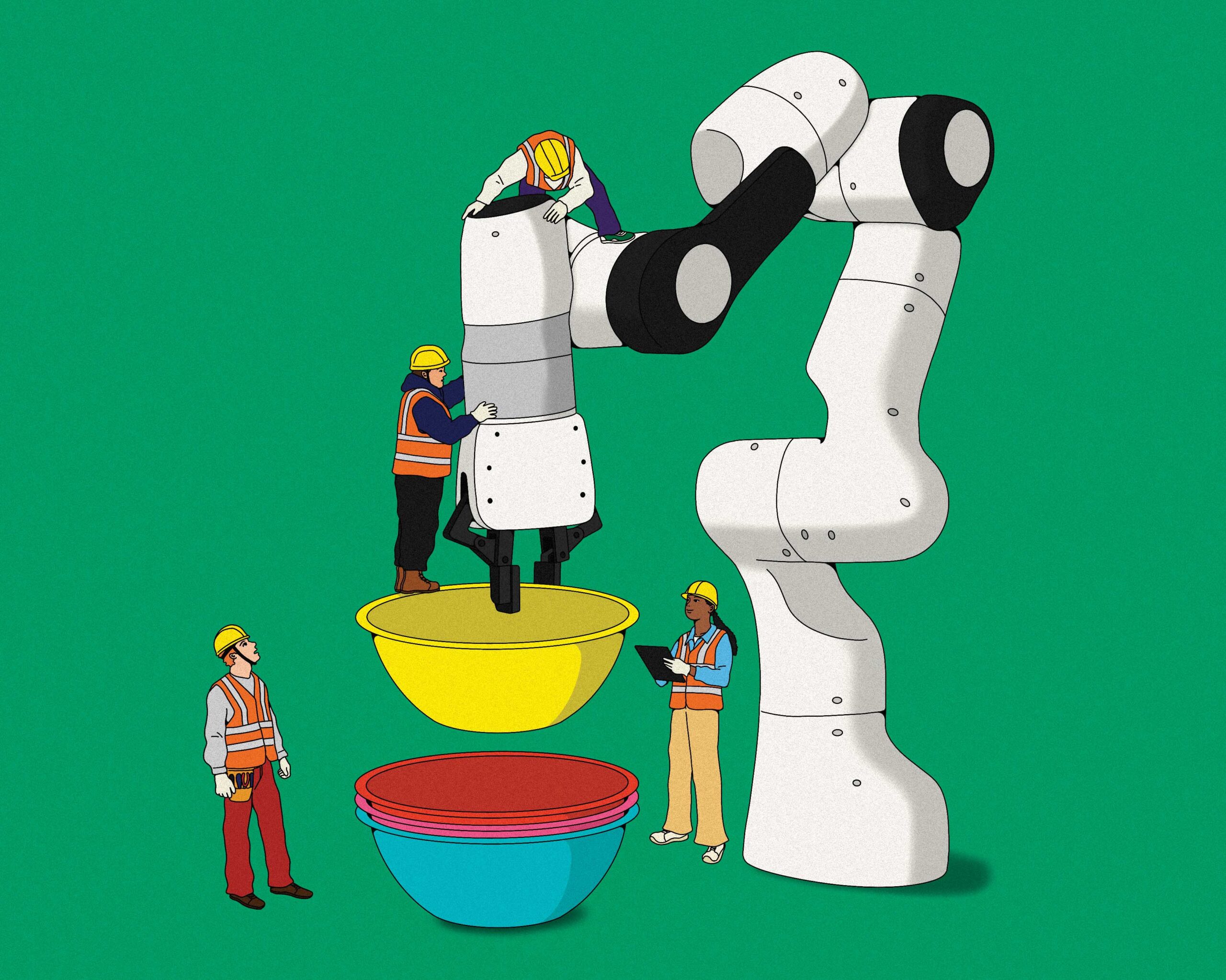 A robot tool placing a bowl onto a stack of bowls, with tiny human construction workers directing its actions