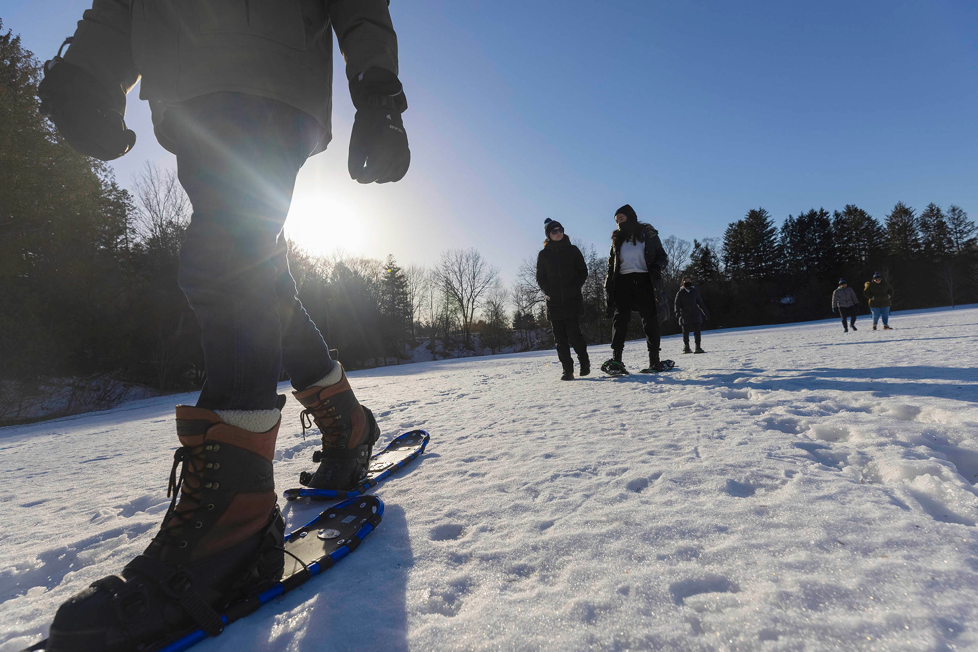 Several students walking in snowshoes in a field of snow on a sunny day
