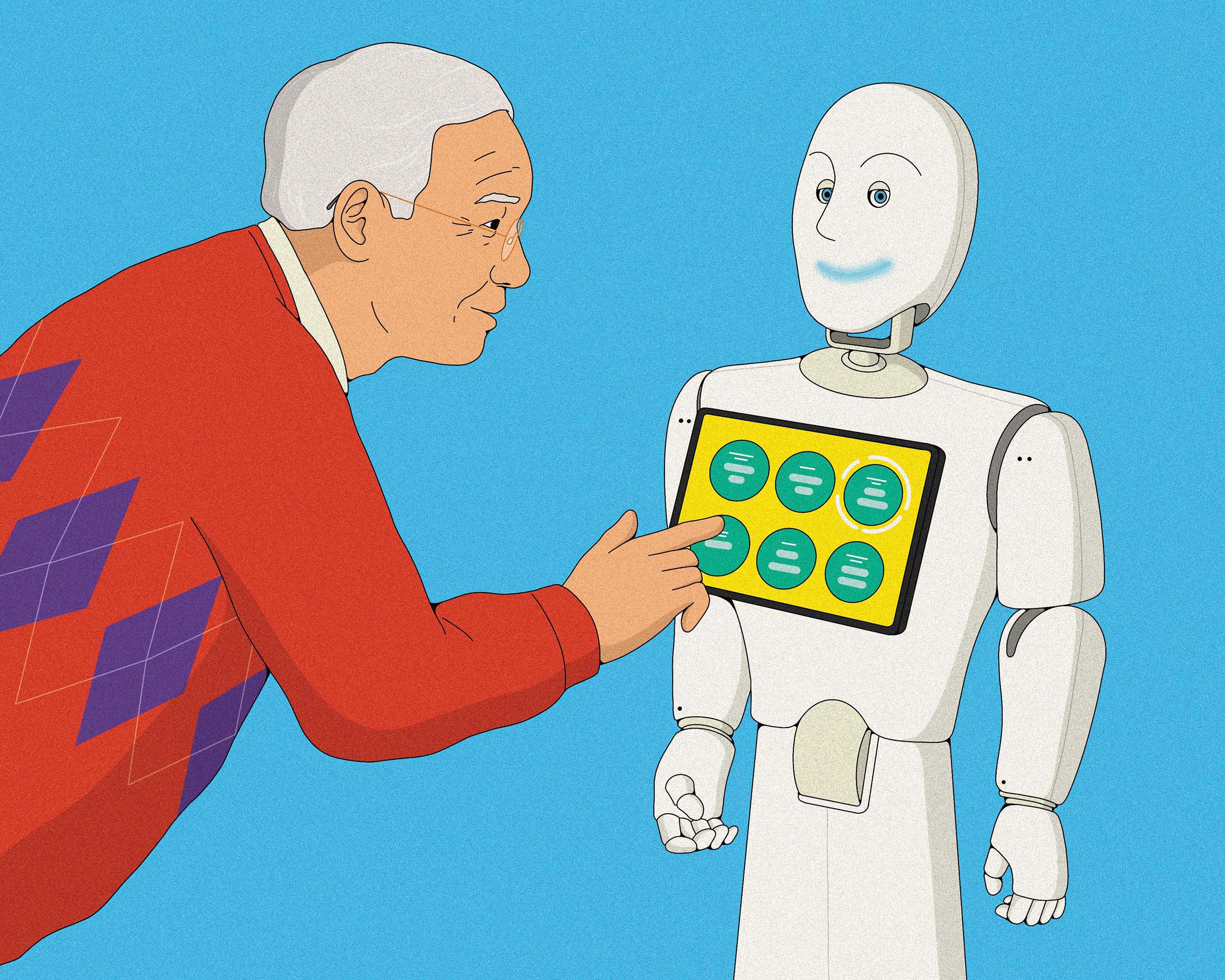 An elderly man is selecting an option on a screen in the centre of a robot with a human face