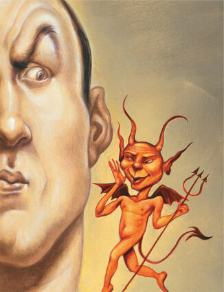 Half of a man's face on the left and a winged, horned and trident-carrying devil on the right, whispering into the man's ear
