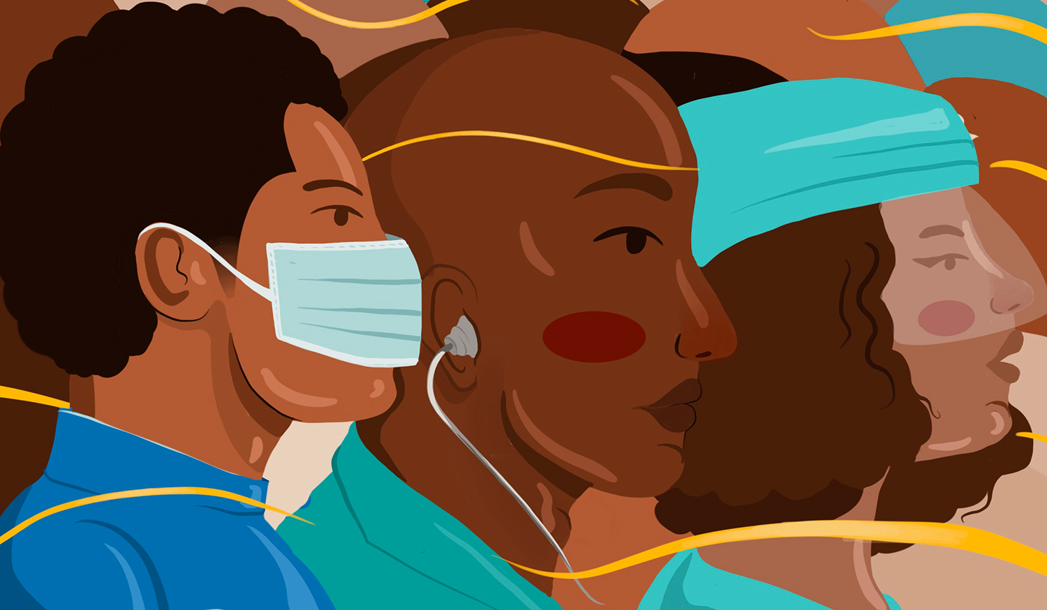 Illustration of Black health-care workers, one wearing a face mask and another wearing a face shield