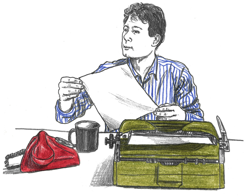 Coloured pencil drawing of a student holding a piece of paper and seated in front of a typewriter and a rotary telephone
