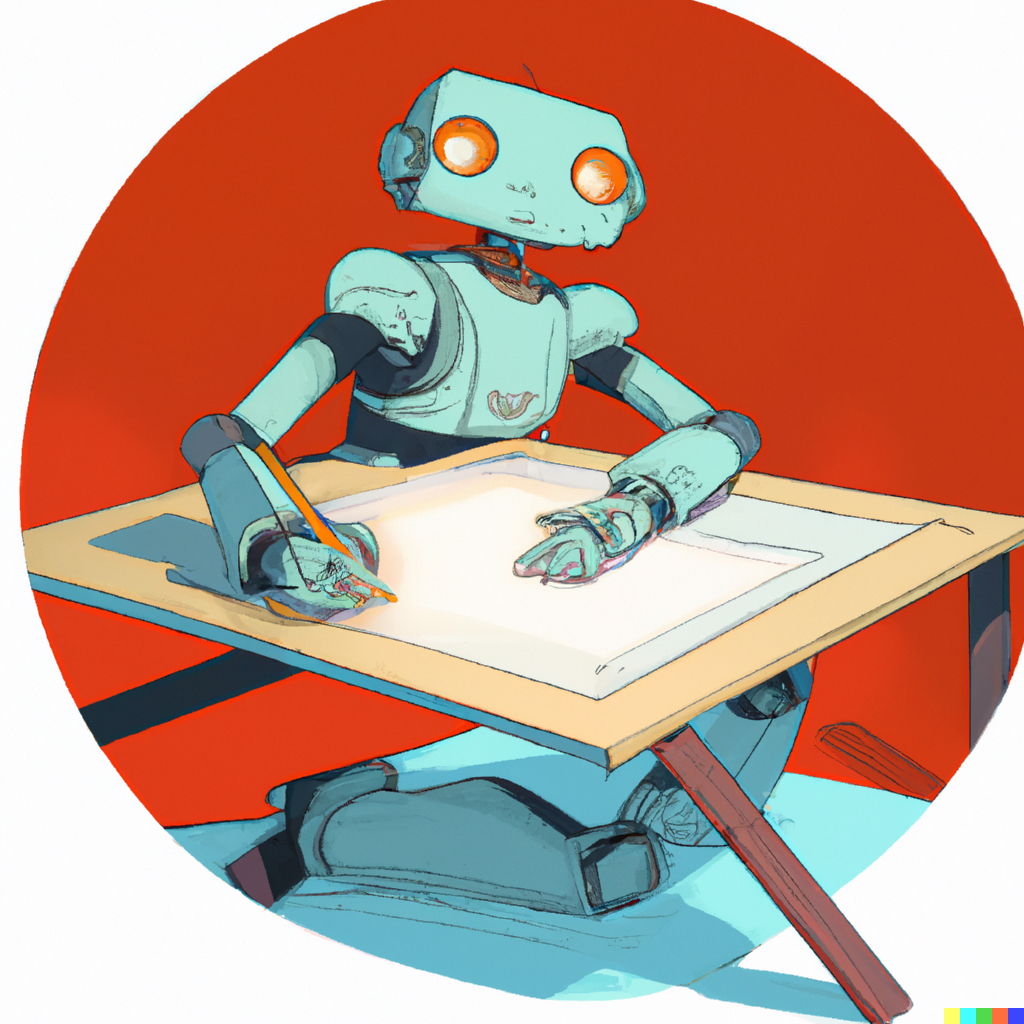 Friendly looking robot drawing a picture at a drafting table
