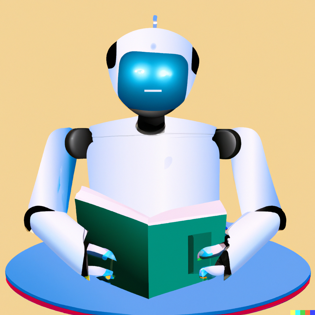 Friendly-looking robot reading a book at a table