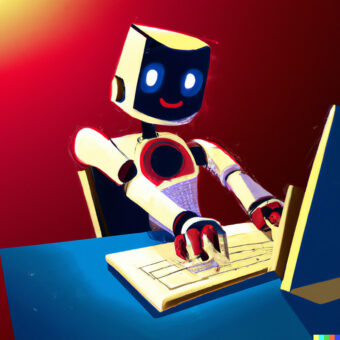 Friendly robot sitting at a desk and typing on a computer