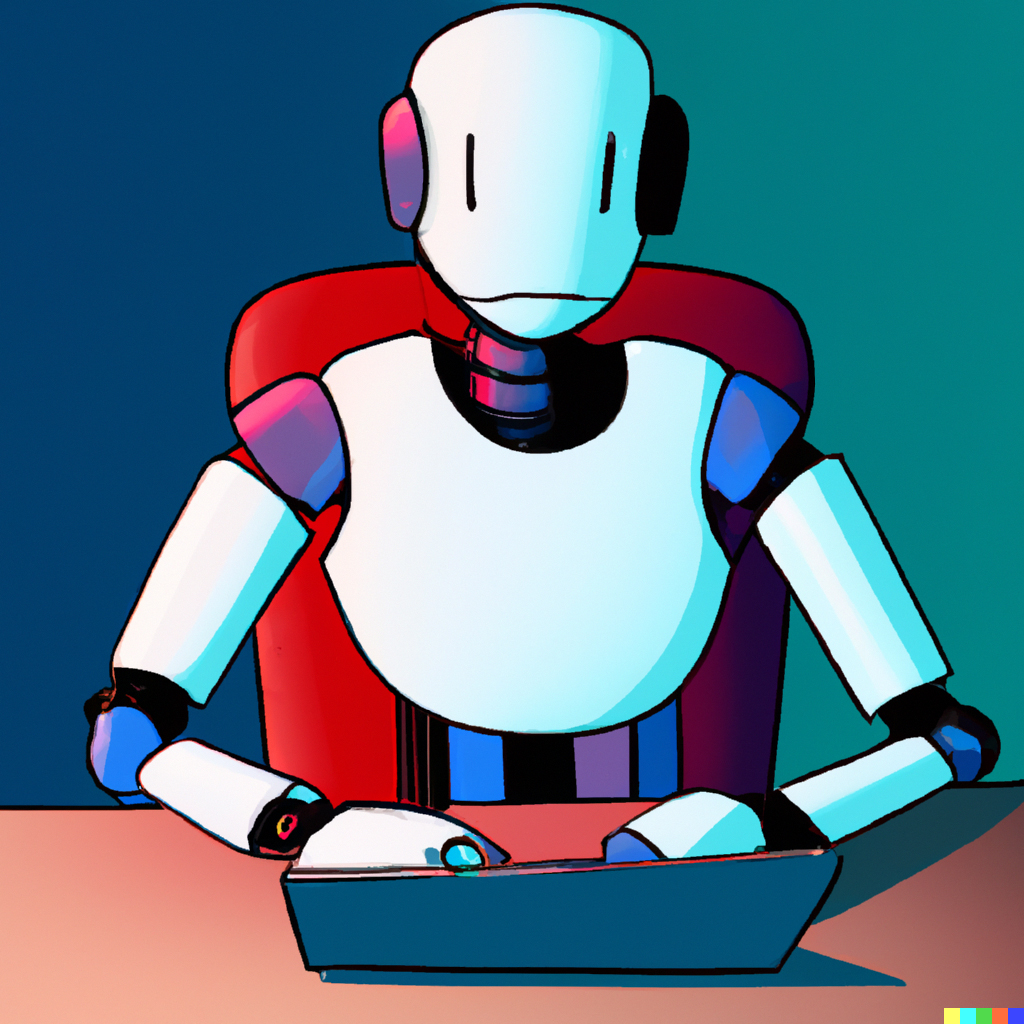 Friendly robot sitting at a desk and typing on a laptop