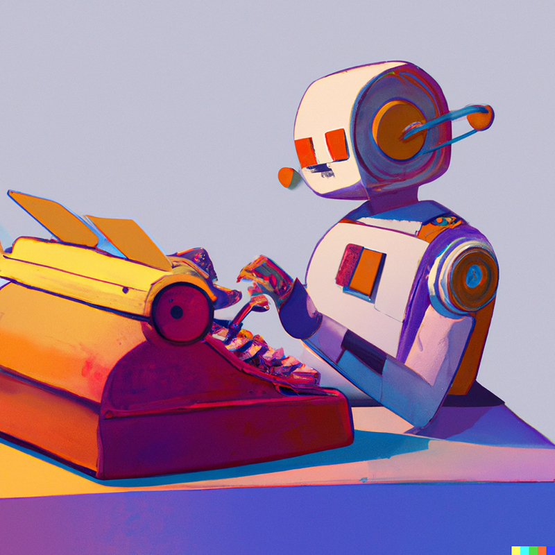 Friendly robot sitting at a desk and typing on a mechanical typewriter