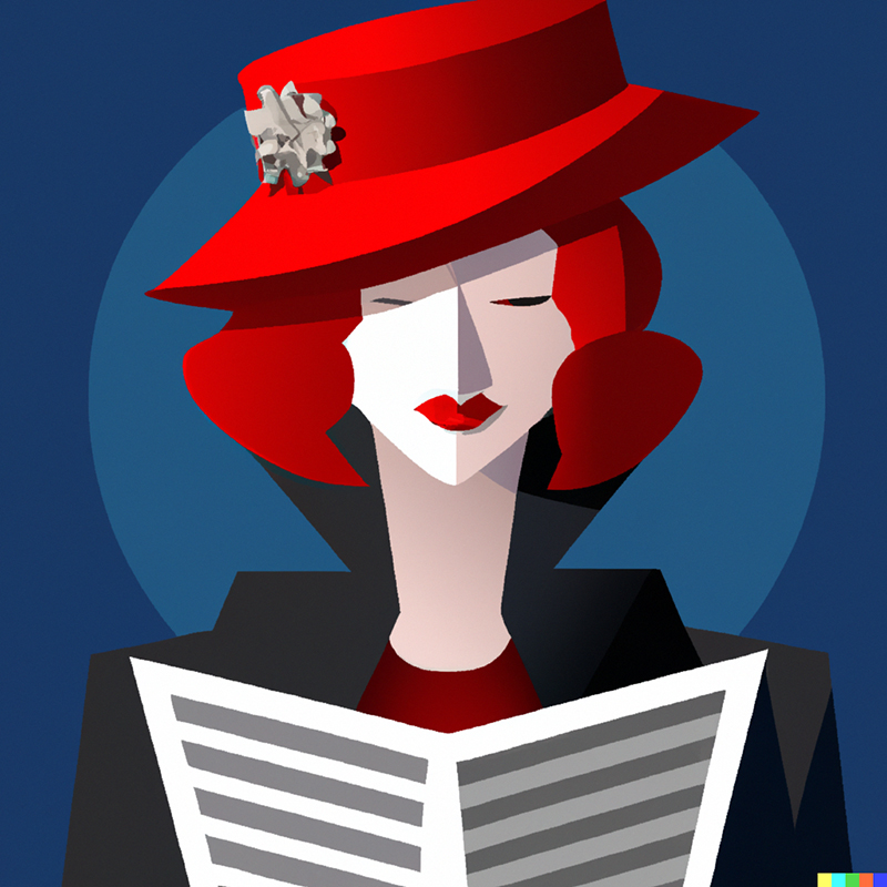 Digital illustration of a magazine editor wearing a red hat and reading a newspaper in art deco style
