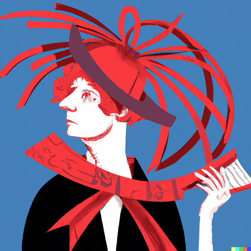 Digital illustration of a magazine editor wearing a red hat in art nouveau style
