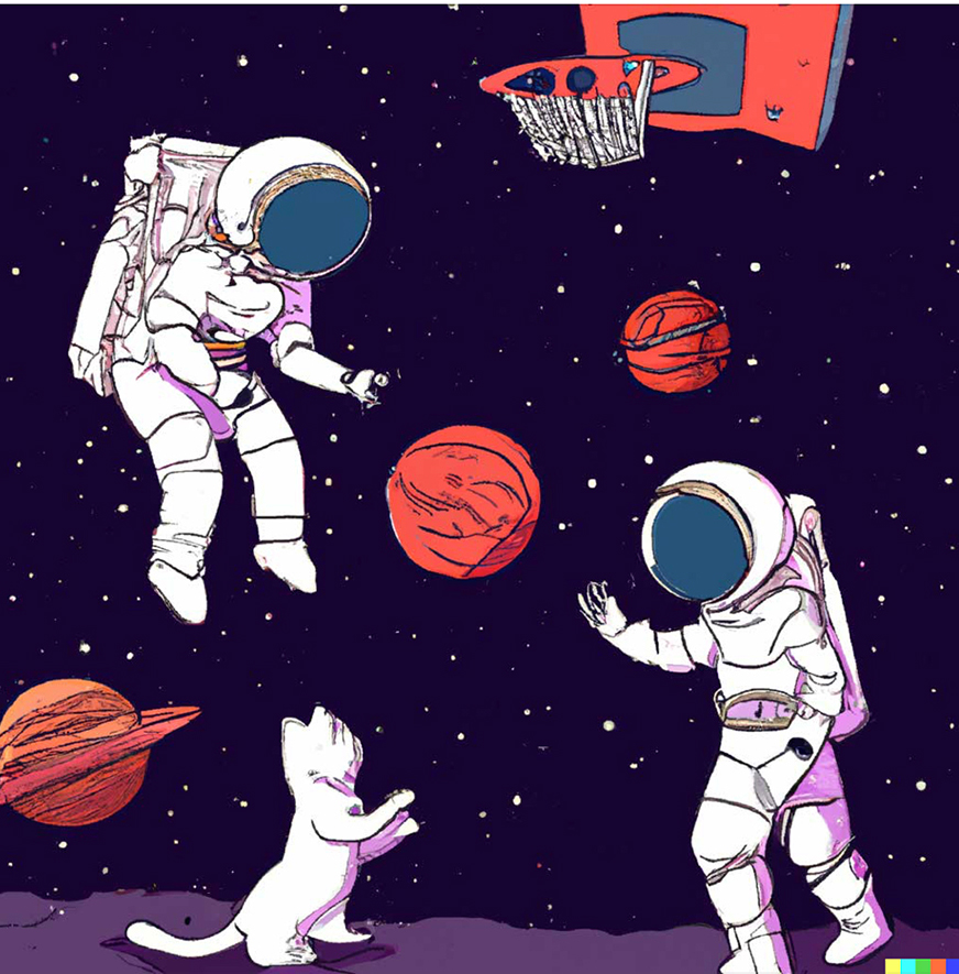 Two astronauts in spacesuits playing basketball with a cat in space, a basketball hoop on top and Saturn in the background
