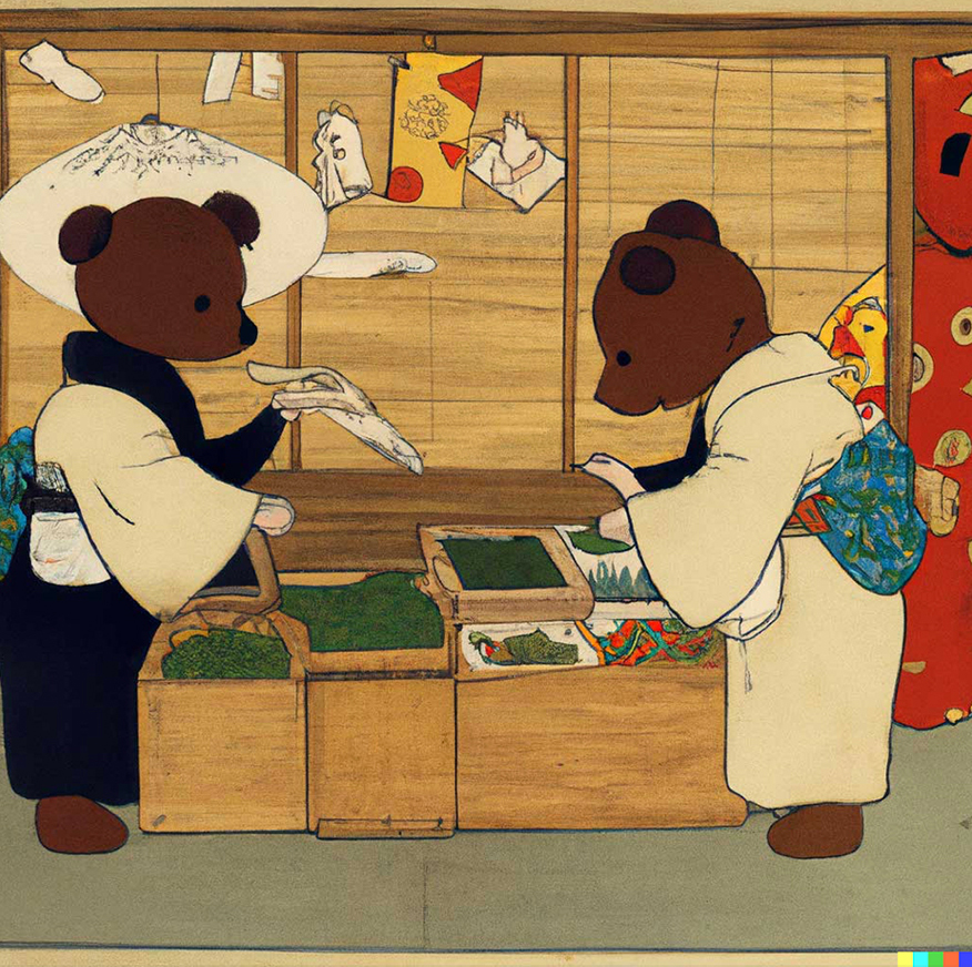 Two teddy bears in kimonos shop for produce displayed on wooden crates