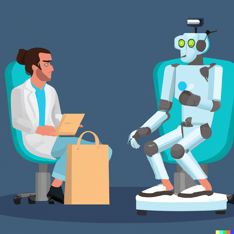 A human psychiatrist, sitting next to a shopping bag, treats a robot patient seated across.
