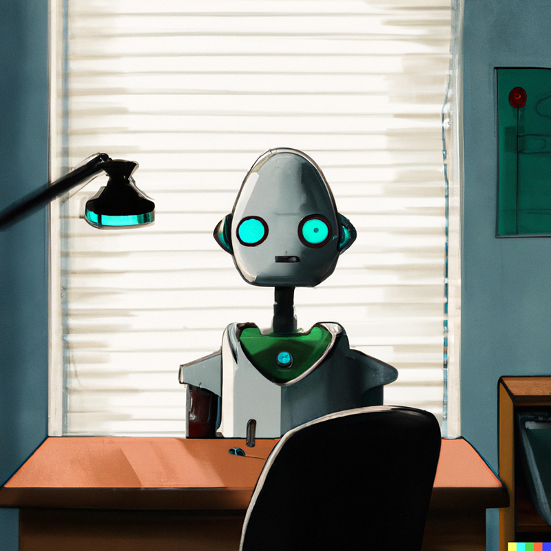 Robot psychiatrist sitting at a desk in an office.