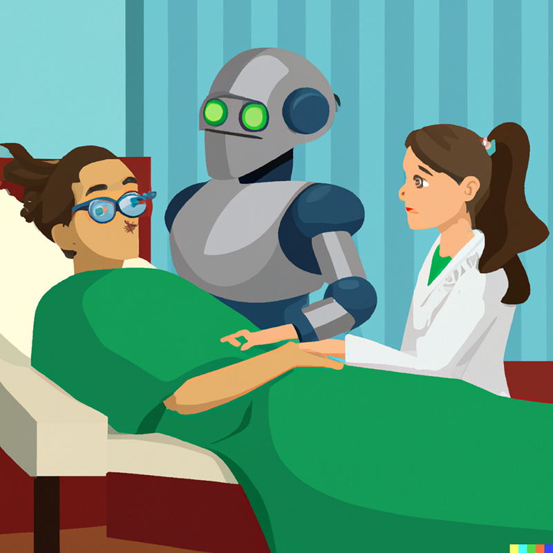 A robot and a human doctor wearing a white lab coat are attending to a patient reclining on a bed