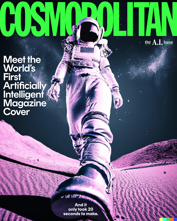 Cover of Cosmopolitan, the AI issue, with an astronaut walking on a desert-like terrain, and the words 