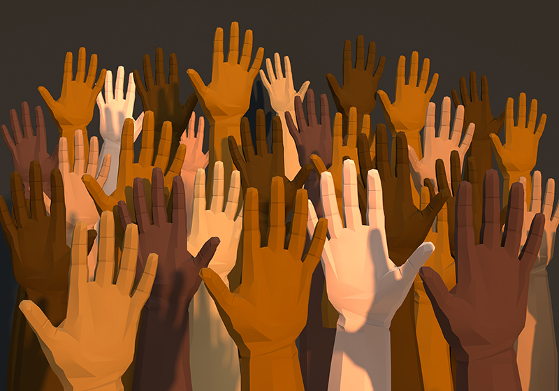 Digital illustration of many hands raised, representing different racial diversities