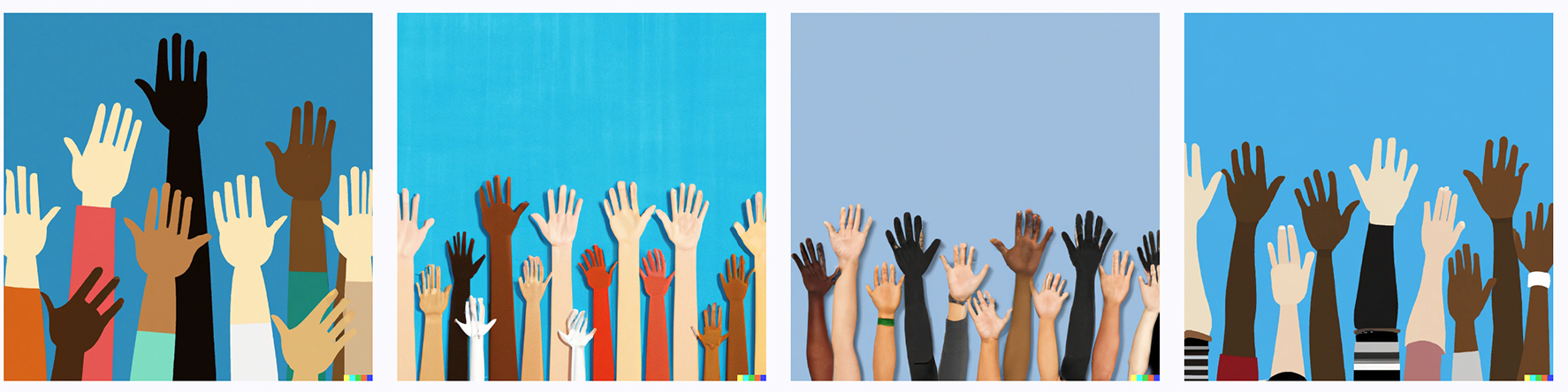 Four different panels with different illustrations of raised hands associated with diverse races