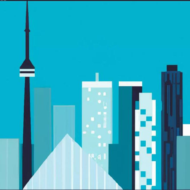 Digital illustration of the CN Tower and other skyscrapers in various shades of blue