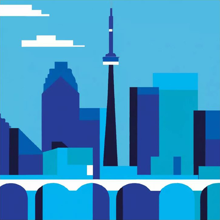 Digital illustration of the CN Tower, other skyscrapers and a bridge in black and various shades of blue