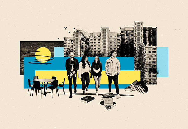Collage illustration of a group of students, faces blurred, books, a table with chairs, in front of blue and yellow rectangle shapes, and damaged building complexes in the back