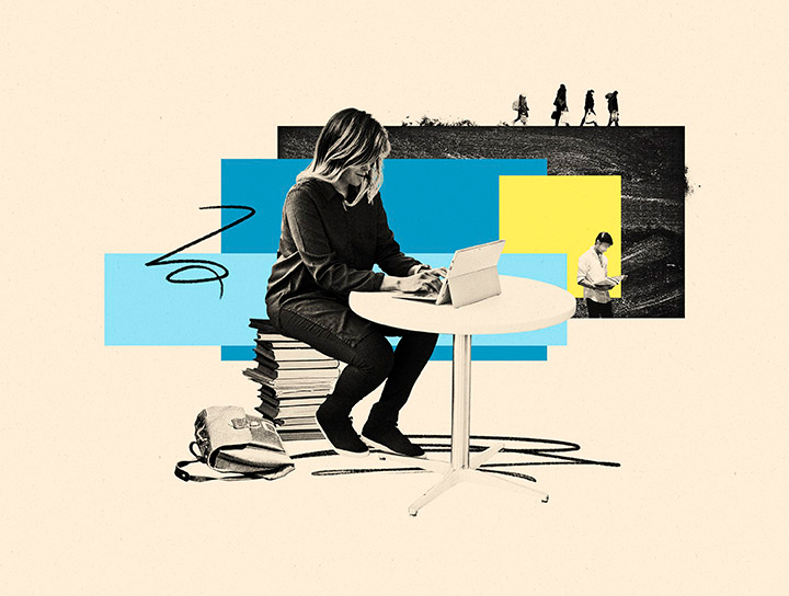 Collage illustration of a stuCollage illustration of a student sitting on a pile of books, working on her laptop; behind her are blue and yellow rectangle shapes, and in the background, four figures in the distance are walking and carrying backpacks and bags.dent sitting on a pile of books, working on her laptop, in front of blue and yellow rectangle shapes, and in the back are four figures of people displaced by war walking in the distance
