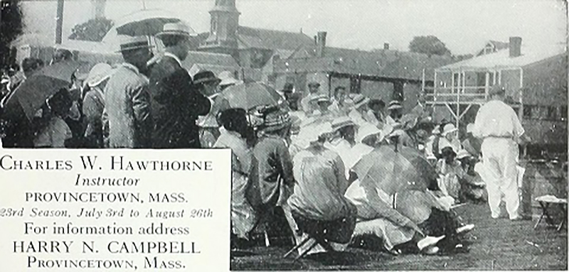 Black and white photo of an art class attending an outdoor lecture. There is a label on the bottom left corner indicating Charles W. Hawthorne as the instructor, the location as Provincetown, Mass. and the time period being July 3rd to August 26th.