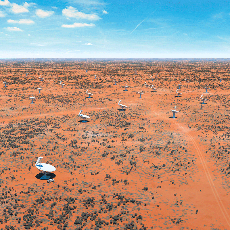 Artist's rendering of white dish-shaped antennas scattered across an arid landscape in Australia