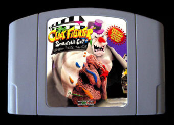 Front of the "ClayFighter: Sculptor's Cut" video game cartridge, depicting a clay-animated fighter, wearing a purple top hat, and extending out a large fist