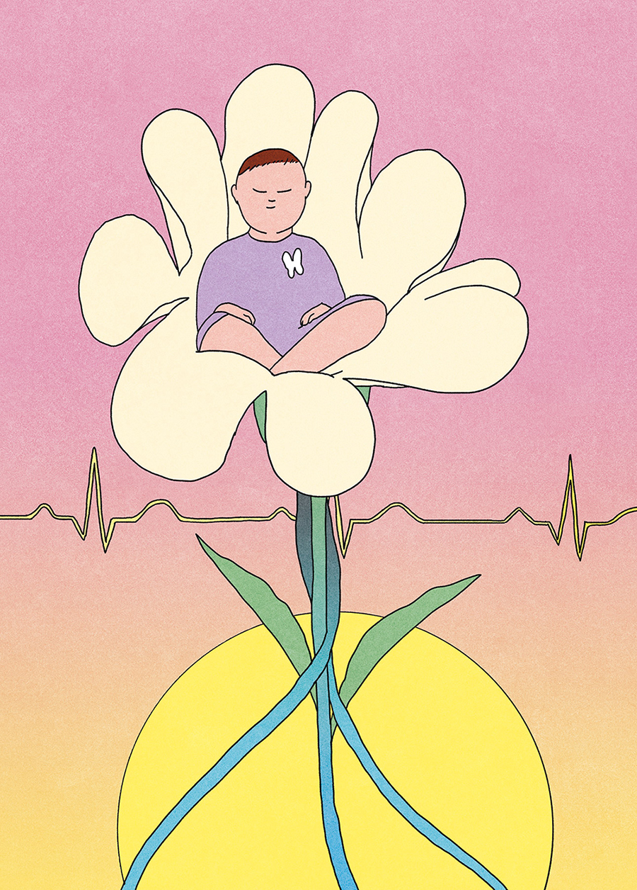 Illustration of the upper portion of a flower stalk ending in an open flower head with a child sitting in the centre. An electrocardiogram line runs horizontally behind the flower.