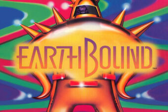 EarthBound video game box cover, depicting a person inside the head of a robot, operating it