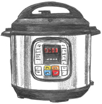 Black and white graphite illustration of an Instant Pot, with the display and centre four buttons in colour.