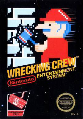 Box cover of Nintendo's "Wrecking Crew" video game, depicting video game character Mario smashing a wall with a sledgehammer