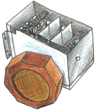 Coloured graphite illustration of the first car radio, showing an octagonal wood-framed speaker next to a metal box with the lid off to show the inside of the radio