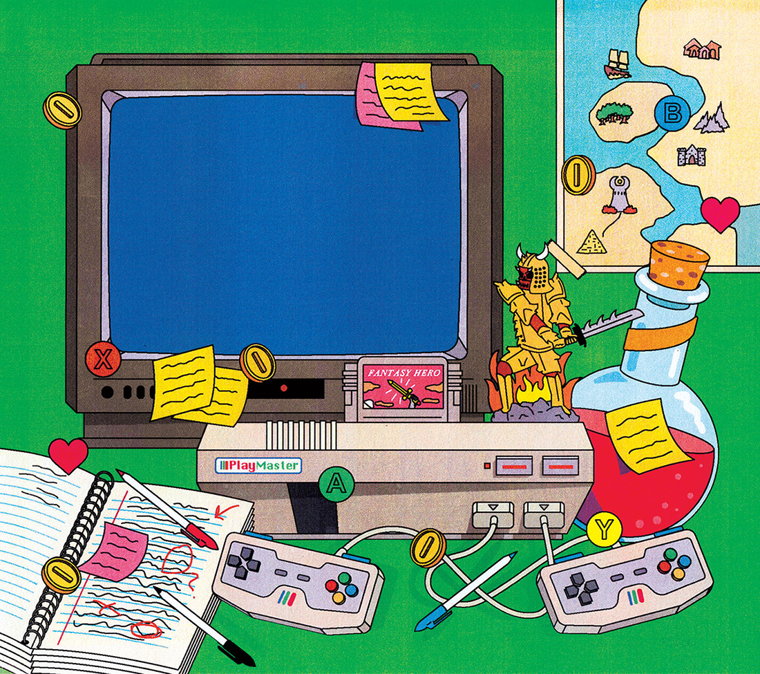Illustration of a gamer's desk, depicting a video game console, monitor, two controllers, an open notebook, and a video game character wielding a sword coming out of the console, next to a stoppered potion bottle with red liquid