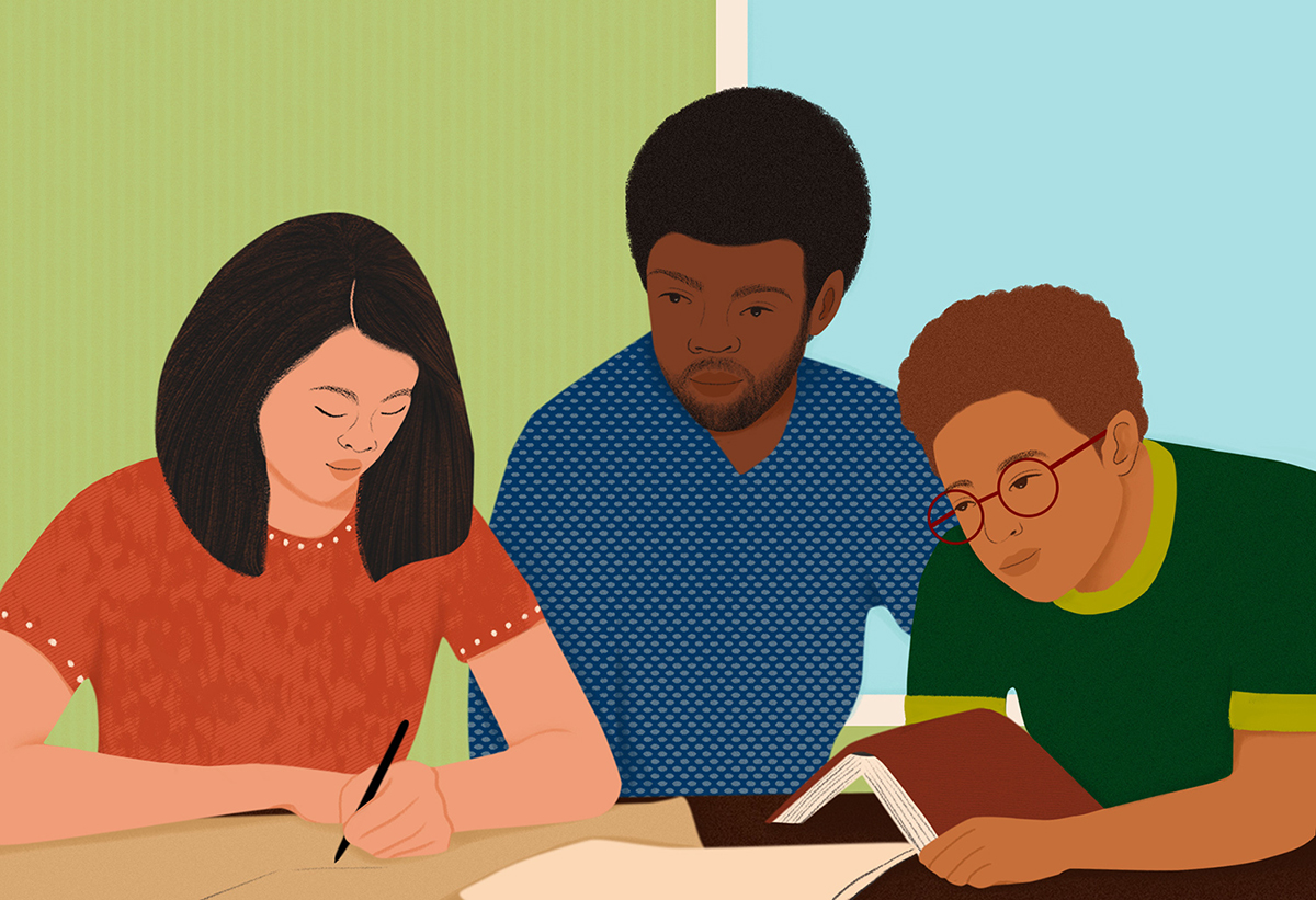 Digital illustration of two racially diverse high school students seated at a table, with a black instructor or teaching assistant sitting between them. The student on the left is writing notes, while the others are watching her.